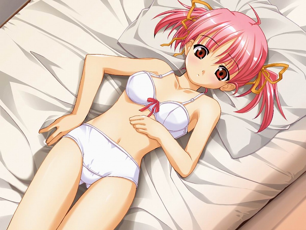 ahoge anonono bangs bed blush bow bow_bra bow_panties bra breasts dutch_angle embarrassed from_above game_cg hair_ribbon lingerie looking_at_viewer lying medium_breasts navel on_back panties parted_bangs pillow pink_hair red_eyes ribbon shiny shiny_hair short_twintails solo souryuu thigh_gap tooyama_kokoro twintails underwear underwear_only white_bra white_panties