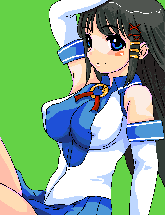 arm_up artist_request bangs bare_shoulders black_hair blue_eyes blue_skirt blush breasts character_name covered_nipples cowboy_shot detached_sleeves from_side green_background hair_ornament impossible_clothes large_breasts long_hair looking_at_viewer lowres oekaki os-tan pleated_skirt sidelocks simple_background sitting skirt solo very_long_hair x_hair_ornament xp-tan