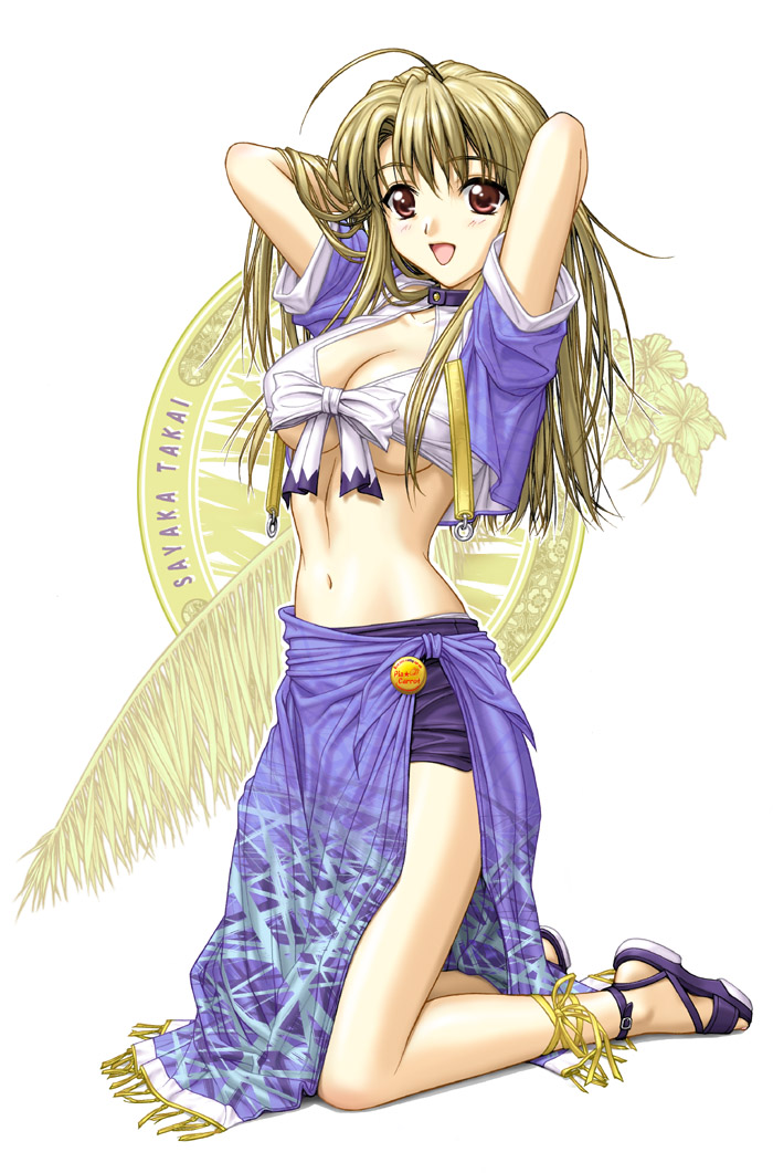 ahoge arms_behind_head blonde_hair blue_sarong breasts choker cleavage front-tie_top hands_in_hair kneeling large_breasts midriff non-web_source pia_carrot_(series) pia_carrot_e_youkoso!!_3 print_sarong red_eyes sandals sarong solo takai_sayaka underboob yumenosuke