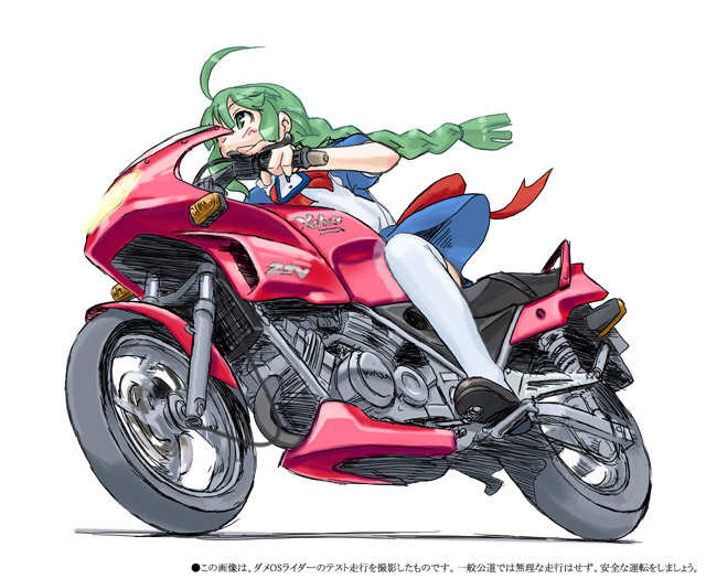 artist_request green_hair ground_vehicle me-tan motor_vehicle motorcycle os-tan riding solo thighhighs