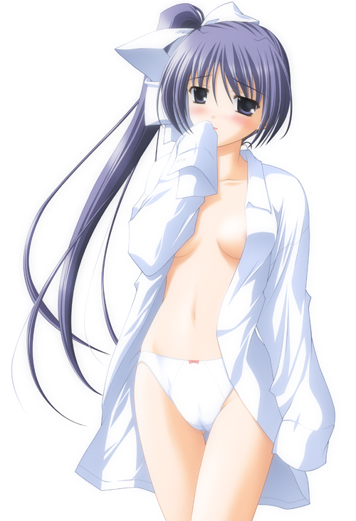 areola_slip areolae artist_request blue_eyes blue_hair blush bow bow_panties breasts cameltoe dress_shirt embarrassed hair_ribbon itou_noemi long_hair medium_breasts no_bra no_pants open_clothes open_mouth open_shirt panties ponytail ribbon shirt side_ponytail simple_background solo standing thigh_gap thighs underwear very_long_hair white_panties with_you
