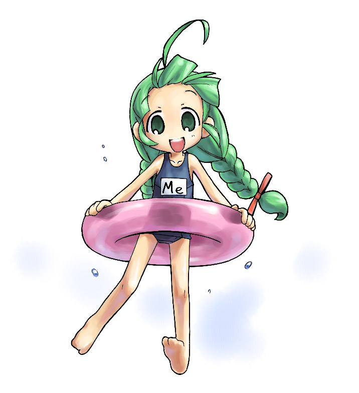 ahoge artist_request braid green_hair innertube me-tan name_tag one-piece_swimsuit os-tan school_swimsuit solo swimsuit twin_braids