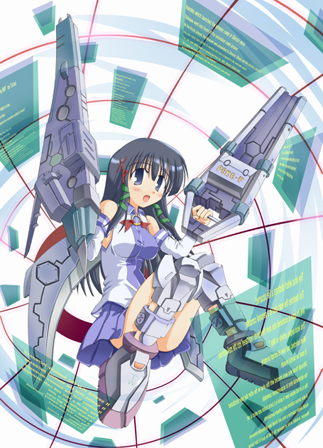 :o artist_request bare_shoulders black_hair blue_skirt blush cannon detached_sleeves full_body gun hair_between_eyes hologram looking_at_viewer machinery open_mouth os-tan pleated_skirt skirt solo thighhighs weapon xp-tan