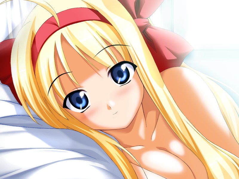 afterglow ahoge anonono bangs bed blonde_hair blue_eyes blush bow breast_squeeze breasts cleavage convenient_censoring dutch_angle game_cg hair_bow hair_censor hair_over_breasts hairband indoors komiya_momiji large_breasts long_hair looking_at_viewer lying nude on_side parted_bangs pillow sidelocks smile solo souryuu sunlight upper_body window