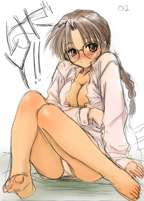 artist_request glasses hoshina_tomoko long_sleeves open_clothes open_shirt panties pantyshot pantyshot_(sitting) shirt sitting solo to_heart underwear white_panties