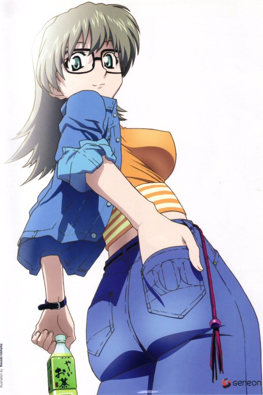 aqua_eyes ass back bottle breasts covered_nipples denim denim_jacket drink from_behind glasses green_tea grey_hair ishihama_masashi jacket jeans large_breasts long_hair looking_back midriff official_art open_clothes open_jacket orange_shirt pants r.o.d_the_tv read_or_die shirt simple_background smile solo standing striped striped_shirt sumiregawa_nenene tea watch wristwatch
