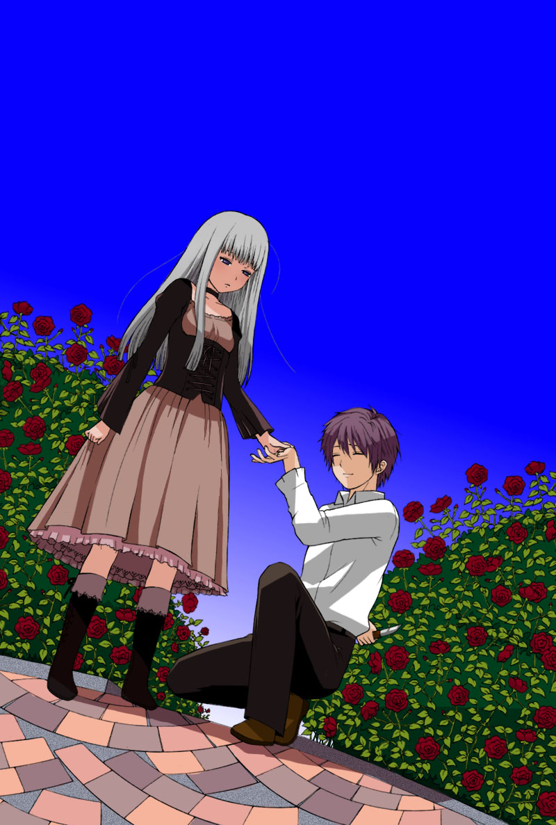 1girl artist_request blue_eyes boots character_request choker closed_eyes copyright_request dress flower garden grey_hair holding_hands knife leaf long_hair long_sleeves one_knee pants red_flower red_rose rose shoes