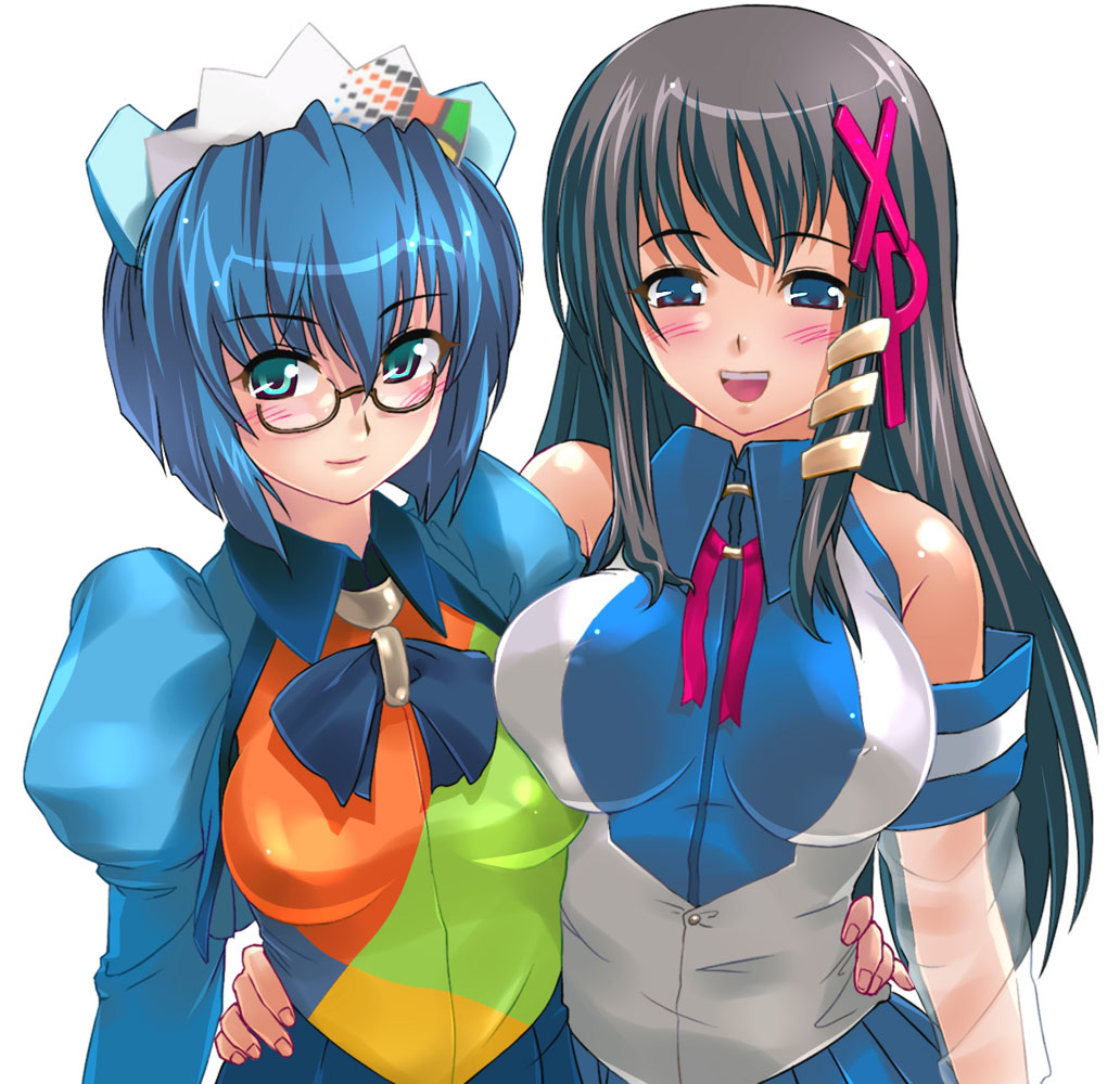 2k-tan :d artist_request bare_shoulders blue_hair blush brown_hair cowboy_shot detached_sleeves glasses hair_ornament hairpin hat long_sleeves multiple_girls open_mouth os-tan see-through shirt simple_background sleeveless sleeveless_shirt smile teeth upper_body white_background x_hair_ornament xp-tan