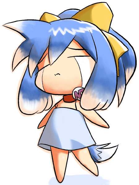 artist_request blue_dress blue_hair bow chibi dog_tail dress fox_tail inu-t os-tan solo tail yellow_bow