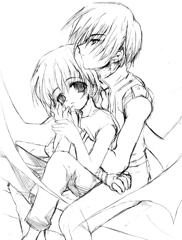 1girl bat_wings character_request copyright_request couple greyscale hand_on_another's_face hetero monochrome pants short_hair sitting sketch source_request tsukamichi_fumi wings