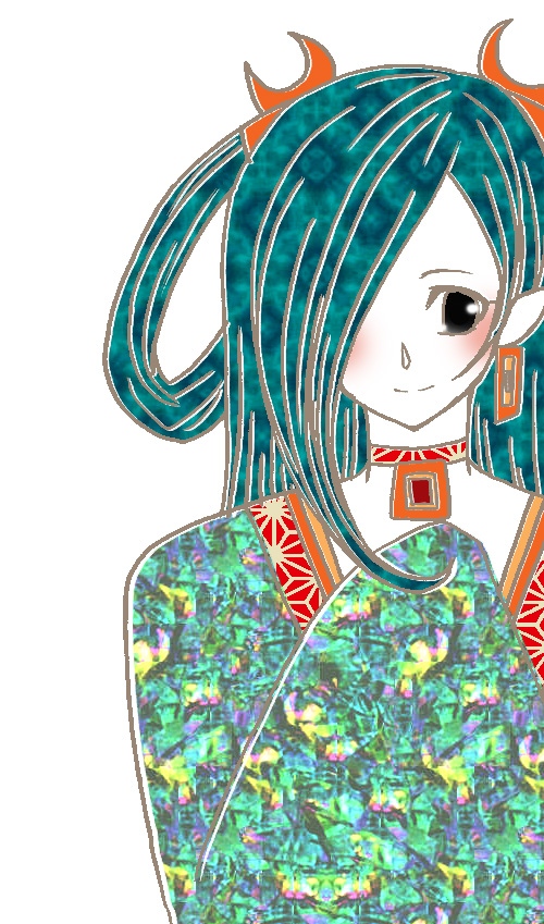 artist_request blush crescent earrings gankutsuou green_hair hair_over_one_eye haydee jewelry long_sleeves necklace pale_skin patterned patterned_hair simple_background sleeves_past_wrists smile solo