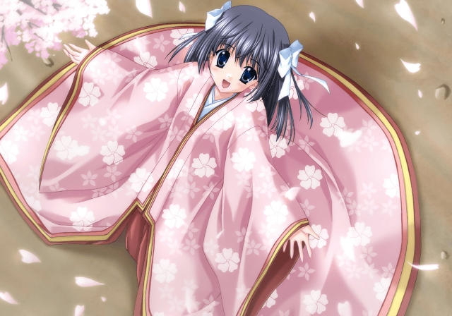 cherry_blossoms game_cg heian japanese_clothes kimono layered_clothing layered_kimono long_sleeves nanao_naru petals sakura_~setsugekka~ solo spring_(season)
