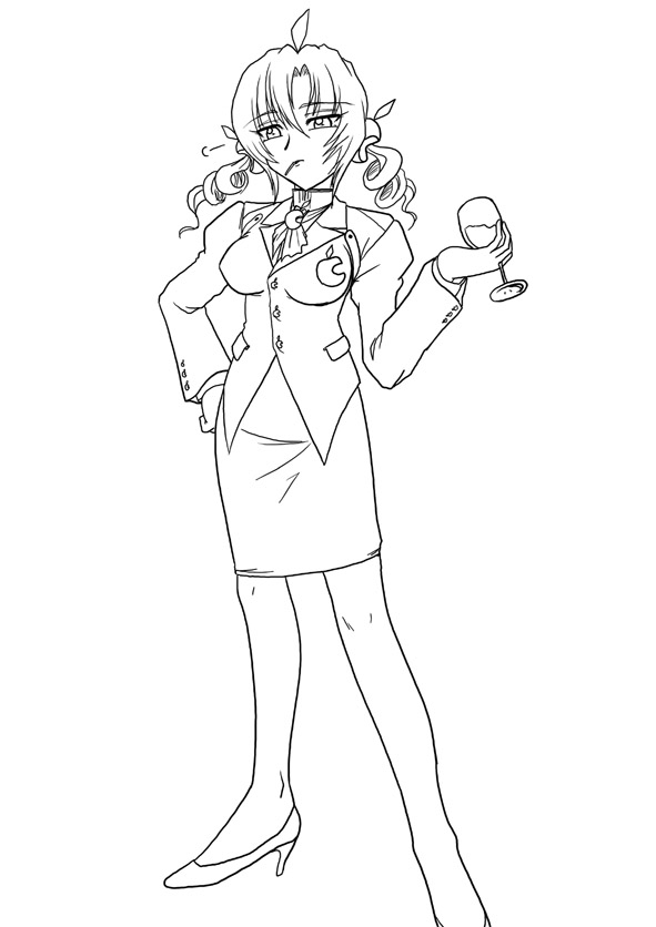 ahoge artist_request brooch cravat cup drinking_glass formal full_body glass greyscale high_heels jacket jewelry lineart long_sleeves mac_os monochrome mouth_hold os-tan pencil_skirt skirt solo standing suit