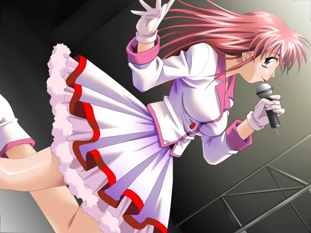 :p aoi_kyouka boots dutch_angle game_cg gloves idol leg_lift long_hair looking_back meshimase_idol microphone purple_eyes red_hair shadow_(artist) skirt solo tongue tongue_out white_gloves