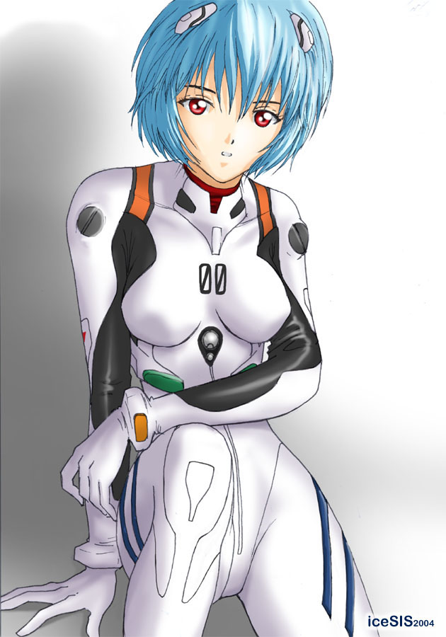 2004 arm_support artist_request ayanami_rei bangs blue_hair bodysuit bracer breasts dated gloves hair_ornament looking_at_viewer medium_breasts neon_genesis_evangelion number parted_lips plugsuit red_eyes short_hair sitting solo turtleneck white_bodysuit