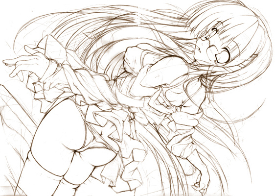 apa-revo ass bra breasts copyright_request covered_nipples dutch_angle glasses long_hair looking_back medium_breasts monochrome panties sketch solo thighhighs underwear undressing very_long_hair wind wind_lift