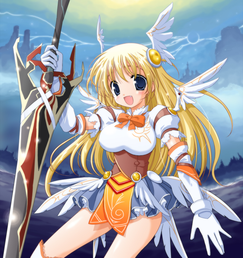 blonde_hair copyright_request elbow_gloves fang gloves head_wings kobayashi_ritz solo sword weapon wings