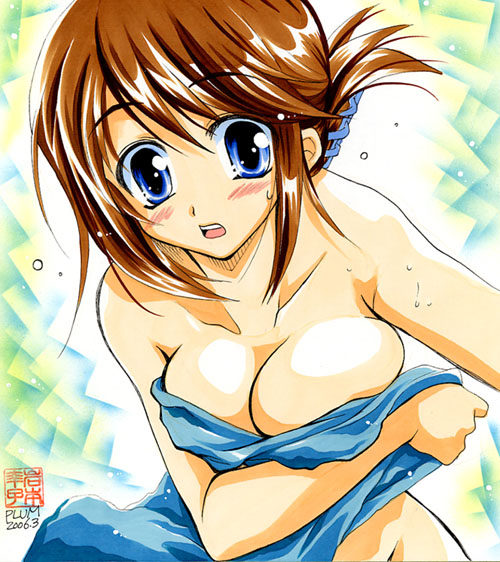 blue_eyes blush breasts brown_hair cleavage folded_ponytail kanna_(plum) komaki_manaka large_breasts solo to_heart_2 towel