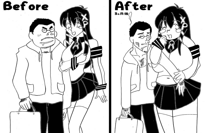 1girl artist_request beard before_and_after blush_stickers drooling facial_hair greyscale hair_ornament locked_arms long_sleeves monochrome mustache os-tan pleated_skirt skirt thighhighs translated truth xp-tan zettai_ryouiki