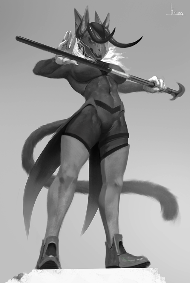 2019 anthro athletic biped cane clothed clothing demon domestic_cat felid feline felis female full_portrait greyscale holding_object holding_weapon honovy horn mammal melee_weapon monochrome solo sword weapon