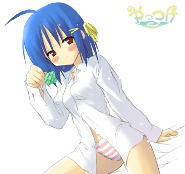 ahoge artist_request blue_hair blush condom copyright_request dress_shirt holding holding_condom panties red_eyes red_panties shirt short_hair sitting solo striped striped_panties third-party_edit underwear