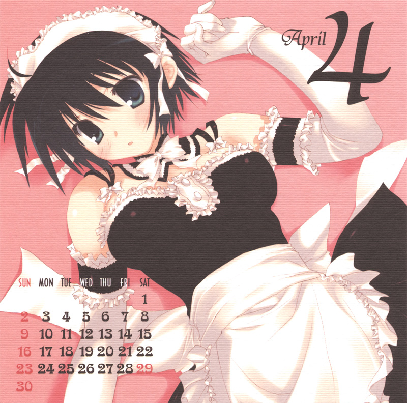 2006 april arm_garter black_hair calendar_(medium) elbow_gloves gloves green_eyes kore_ga_watashi_no_goshujin-sama maid mitsumi_misato nakabayashi_yoshitaka's_maid_uniform sawatari_izumi short_hair solo white_gloves