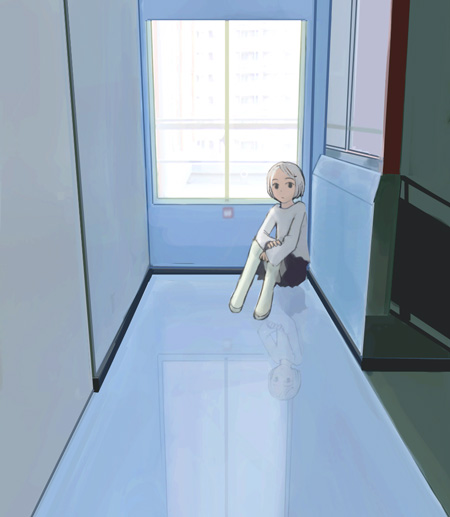 artist_request hallway indoors original reflection reflective_floor short_hair solo white_hair window