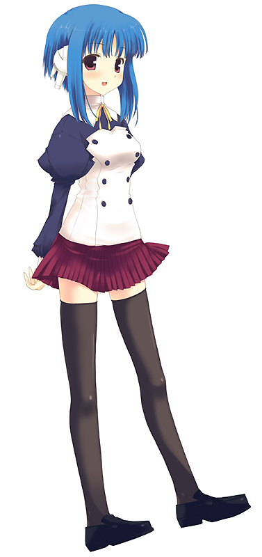 :d arms_behind_back blue_hair blush full_body ilfa loafers long_sleeves mizuki_makoto open_mouth puffy_sleeves red_eyes robot_ears shoes short_hair sidelocks simple_background skirt smile solo standing thighhighs to_heart_2 white_background