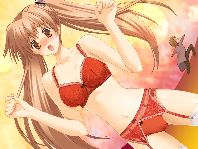 blush bow bow_bra bow_panties bra brown_eyes brown_hair dutch_angle embarrassed game_cg garter_belt goma_satoshi lace lace-trimmed_bra lace-trimmed_panties lingerie navel oshiete_miko_sensei panties red_bra red_panties solo standing thighhighs twintails underwear underwear_only white_legwear yajima_kasumi