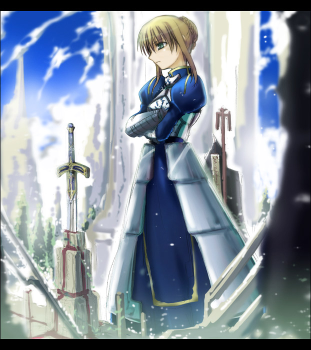 armor armored_dress artist_request artoria_pendragon_(all) blonde_hair dress fate/stay_night fate_(series) faulds green_eyes letterboxed long_sleeves saber solo