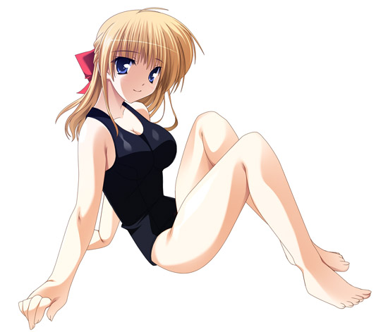 artist_request bad_anatomy black_school_swimsuit blonde_hair blue_eyes bow breasts cleavage copyright_request hair_bow large_breasts one-piece_swimsuit school_swimsuit simple_background smile solo swimsuit