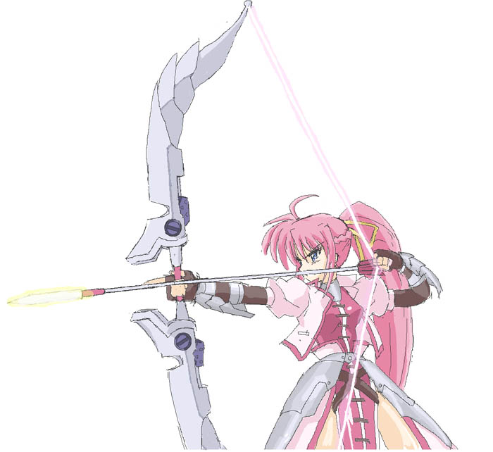 artist_request blue_eyes bow_(weapon) fingerless_gloves gloves levantine long_hair lyrical_nanoha magical_girl mahou_shoujo_lyrical_nanoha mahou_shoujo_lyrical_nanoha_a's pink_hair ponytail signum solo weapon
