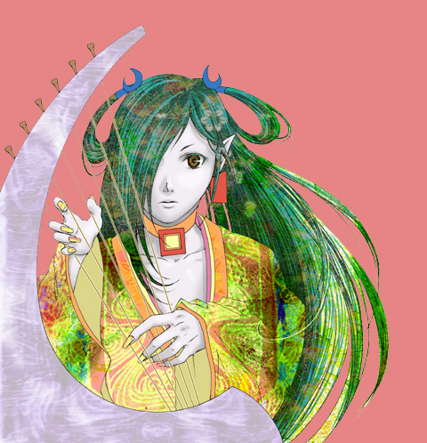 :o artist_request gankutsuou green_eyes hair_over_one_eye harp haydee instrument jewelry long_sleeves lowres music nail_polish neck_ring necklace parted_lips pendant pink_background playing_instrument pointy_ears simple_background solo yellow_nails