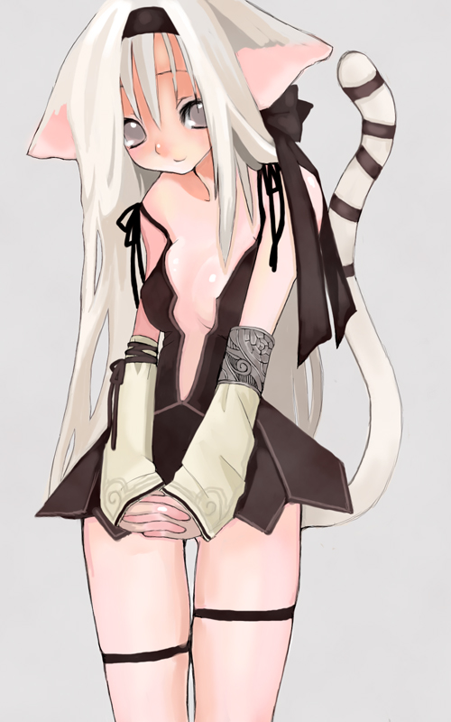 animal_ears bare_shoulders breasts cat_ears cat_tail center_opening closed_mouth dress grey_eyes hands_together original saibashi sleeveless sleeveless_dress smile solo tail white_hair