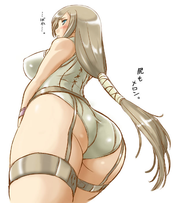 alternate_costume alternate_hairstyle ass bare_shoulders blue_eyes blush breasts cowboy_shot dr.p embarrassed from_behind from_below garter_straps hair_tubes large_breasts light_brown_hair long_hair looking_back low-tied_long_hair one-piece_swimsuit profile simple_background solo swimsuit tales_of_(series) tales_of_the_abyss tear_grants thighs very_long_hair white_background white_swimsuit wrist_cuffs