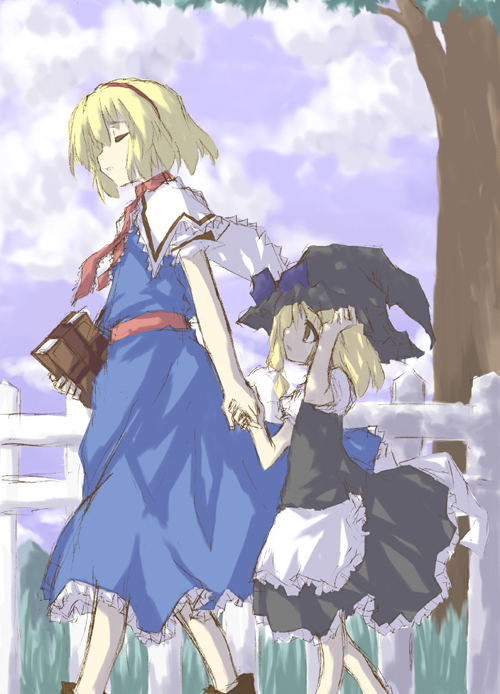 alice_margatroid blonde_hair book capelet closed_eyes dress fence hand_on_headwear hat holding_hands kirisame_marisa looking_up multiple_girls nature profile sakuraba_yuuki touhou tree walking witch_hat younger