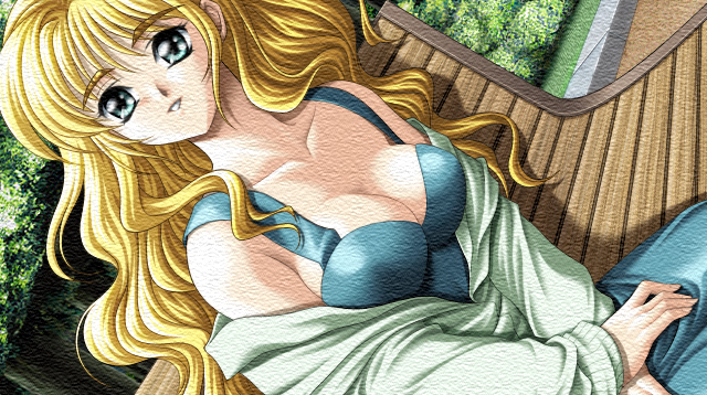 bench blonde_hair breasts cleavage dutch_angle hoshi_no_pierce kinmedai_pink large_breasts solo texture third-party_edit