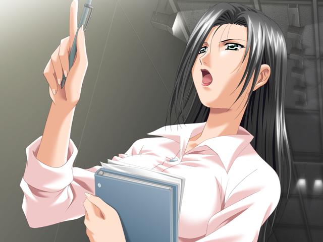 akane_yumiko black_hair book breasts game_cg green_eyes large_breasts lipstick long_hair long_sleeves makeup meshimase_idol open_mouth pen pointing shadow_(artist) sleeves_rolled_up solo