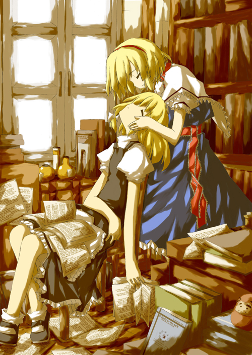 alice_margatroid blonde_hair blouse book bookshelf bow capelet closed_eyes crossed_legs dress hair_bow hand_on_another's_face hand_on_own_stomach imminent_kiss kirisame_marisa leaning_forward library multiple_girls necktie pages paper sakuraba_yuuki sitting sleeping standing touhou window yuri