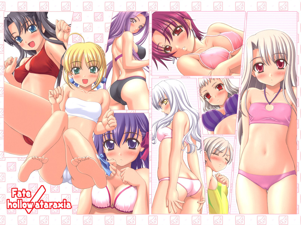 ahoge artist_request artoria_pendragon_(all) ass bikini black_hair blonde_hair blue_eyes blush breasts cameltoe cleavage covered_nipples earrings fate/hollow_ataraxia fate/stay_night fate_(series) green_eyes illyasviel_von_einzbern jewelry large_breasts long_hair matou_sakura medium_breasts multiple_girls one-piece_swimsuit pink_hair purple_eyes purple_hair red_eyes rider saber short_hair small_breasts striped swimsuit toosaka_rin vertical-striped_bikini vertical_stripes white_hair