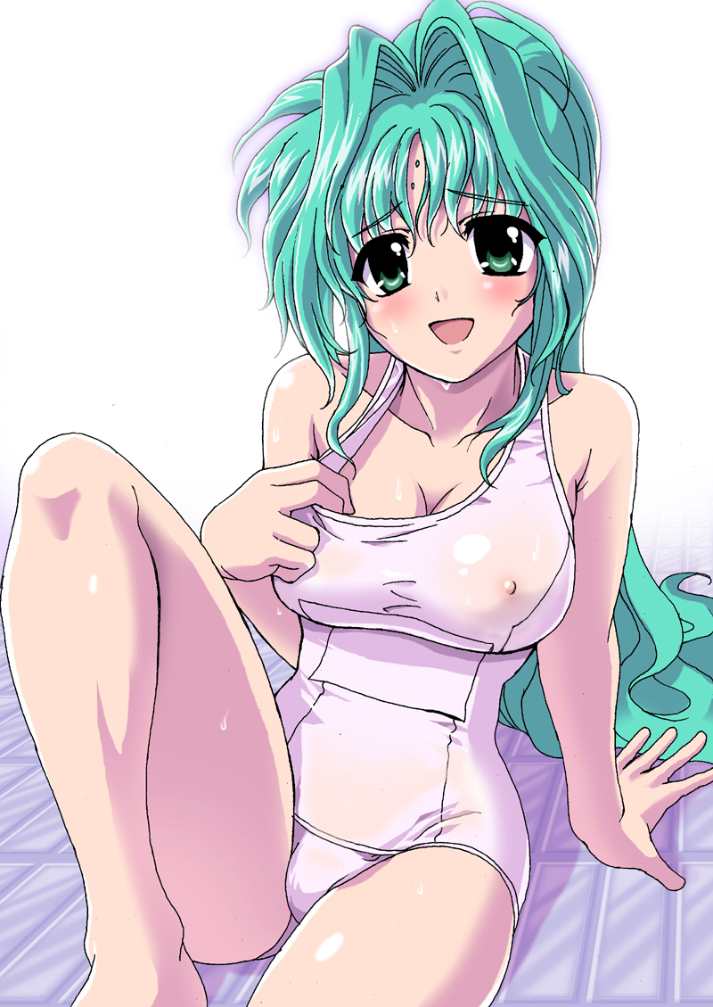 aqua_eyes aqua_hair artist_request breasts covered_nipples facial_mark forehead_mark large_breasts lindy_harlaown long_hair lyrical_nanoha mahou_shoujo_lyrical_nanoha mahou_shoujo_lyrical_nanoha_a's one-piece_swimsuit school_swimsuit solo swimsuit white_school_swimsuit white_swimsuit