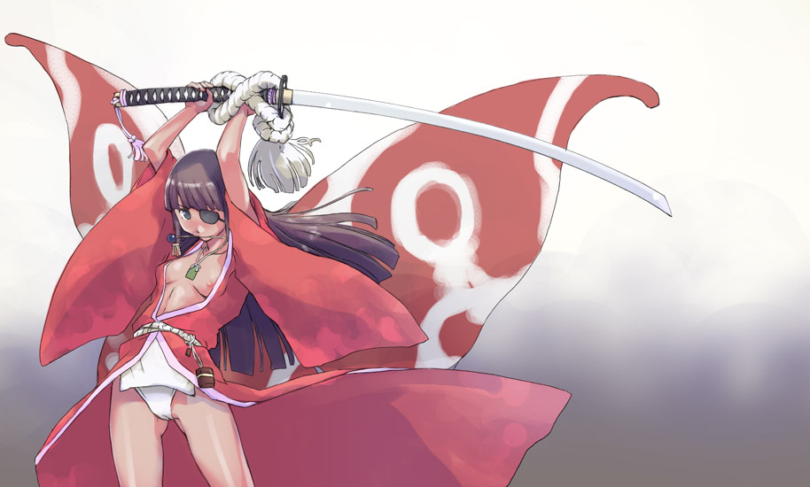 bug butterfly copyright_request eyepatch insect japanese_clothes katana long_sleeves nipples solo sword takeda_sun weapon