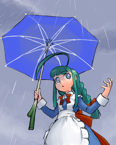 ahoge artist_request green_hair huge_ahoge long_sleeves me-tan os-tan rain solo spring_onion themed_object umbrella