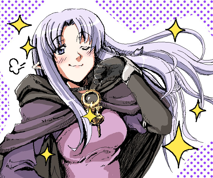 :3 ;) ;d =3 arm_guards bangs black_cape black_gloves breasts cape caster closed_mouth dress elbow_gloves eyebrows_visible_through_hair fate/stay_night fate_(series) gloves hand_up kirisawa_minto long_hair looking_at_viewer medium_breasts one_eye_closed open_mouth outline parted_bangs pink_dress pink_hair pointy_ears polka_dot polka_dot_background purple_eyes shiny shiny_hair smile solo sparkle upper_body