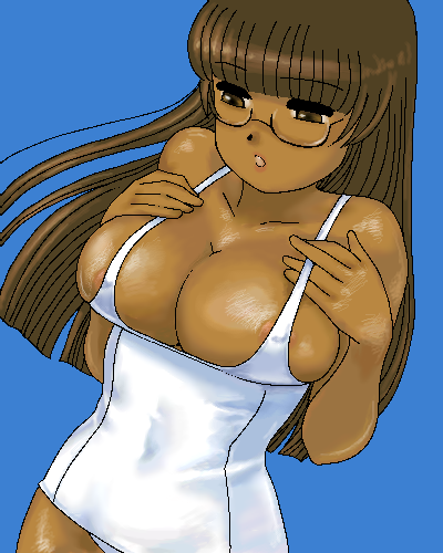 areolae blue_background breasts brown_hair bursting_breasts copyright_request dark_skin glasses large_breasts lowres matoyama one-piece_swimsuit school_swimsuit solo swimsuit white_school_swimsuit white_swimsuit