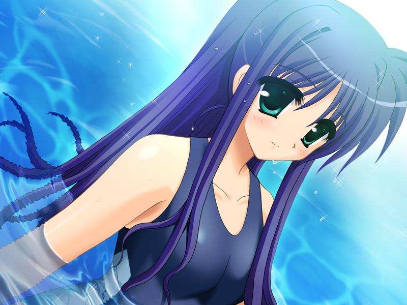 blue_hair game_cg long_hair nagase_yukino one-piece_swimsuit ponytail sakura_machizaka_stories sakura_machizaka_stories_vol.1 solo swimsuit tsuzuki_maki