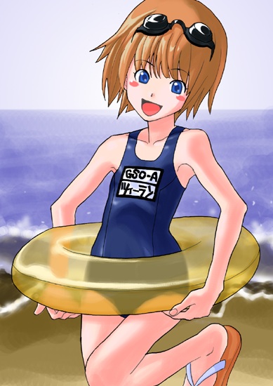 bad_anatomy beach blush_stickers copyright_request goggles innertube iwami_atto name_tag one-piece_swimsuit open_mouth school_swimsuit solo swimsuit