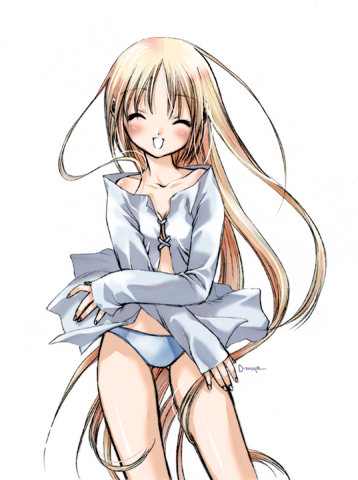 artist_request blonde_hair blue_panties blush closed_eyes copyright_request happy long_hair long_sleeves no_pants open_clothes open_shirt panties shirt smile solo standing underwear very_long_hair