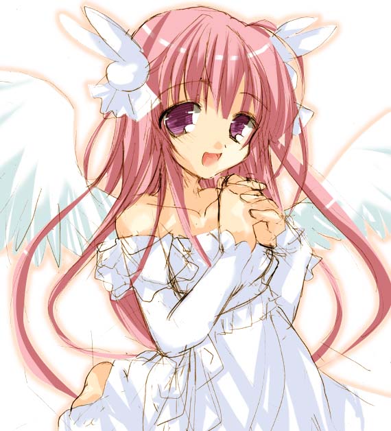 angel animal_ears bare_shoulders bunny_ears bunny_hair_ornament dress hair_ornament hands_clasped long_hair looking_at_viewer misha_(pita_ten) own_hands_together pink_hair pita_ten purple_eyes solo tsukamichi_fumi white_dress wings