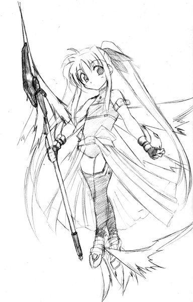 ankle_wings arm_garter bardiche boots cape fate_testarossa fingerless_gloves gloves greyscale kagura_tsukune long_hair looking_at_viewer lyrical_nanoha magical_girl mahou_shoujo_lyrical_nanoha mahou_shoujo_lyrical_nanoha_a's monochrome sketch solo staff thigh_boots thighhighs twintails very_long_hair